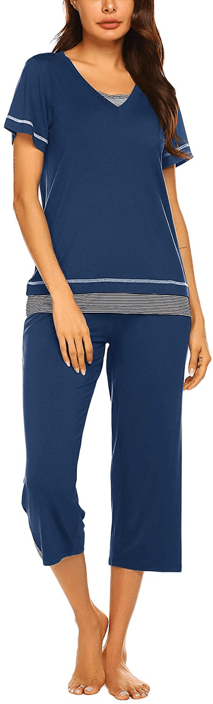 Ekouaer Women's Pajamas Set Soft V Neck Striped Sleepwear Top and Capri Pj Lounge Sets Apparel & Accessories > Clothing > Sleepwear & Loungewear > Pajamas Ekouaer Navy Large 