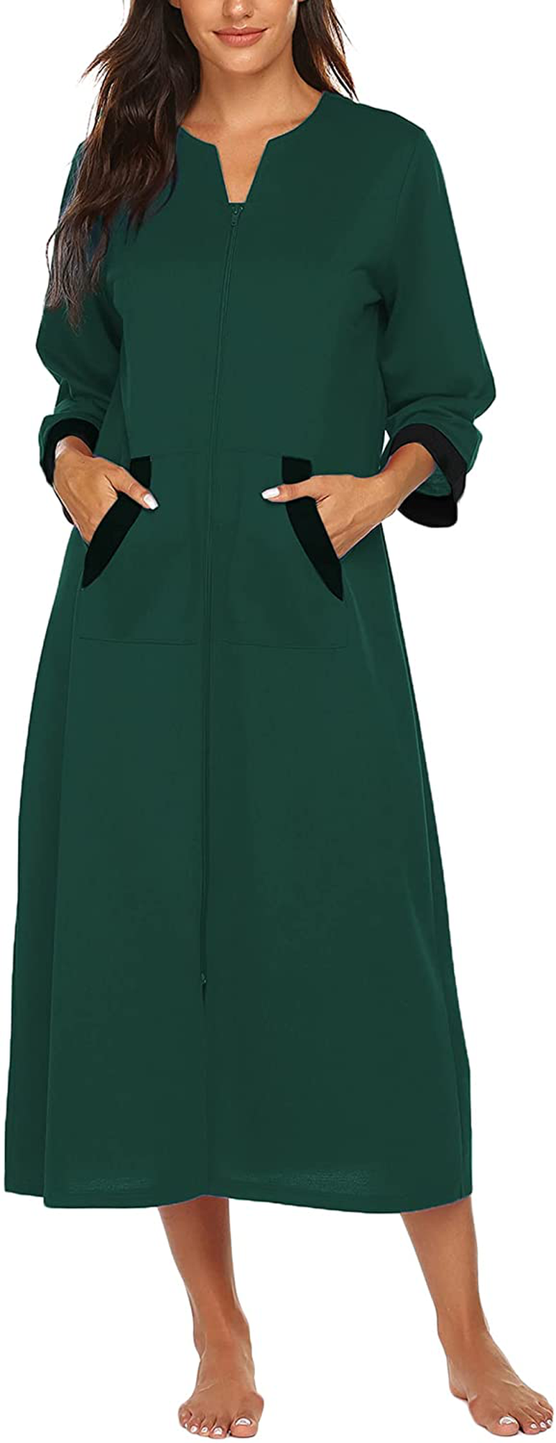 Ekouaer Women Zipper Robe 3/4 Sleeves Loungewear Full Length Sleepwear Pockets Housecoat Long Soft Bathrobe Apparel & Accessories > Clothing > Sleepwear & Loungewear > Robes Ekouaer Style 1-dark Green Medium 