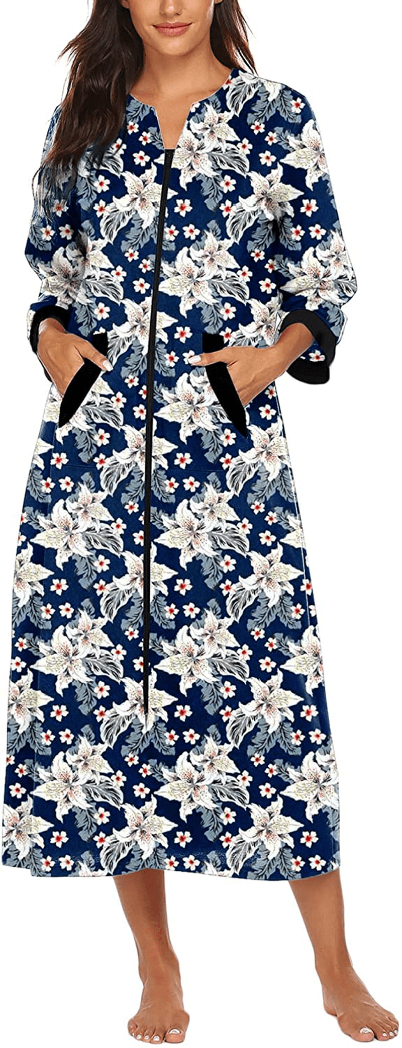 Ekouaer Women Zipper Robe 3/4 Sleeves Loungewear Full Length Sleepwear Pockets Housecoat Long Soft Bathrobe Apparel & Accessories > Clothing > Sleepwear & Loungewear > Robes Ekouaer   