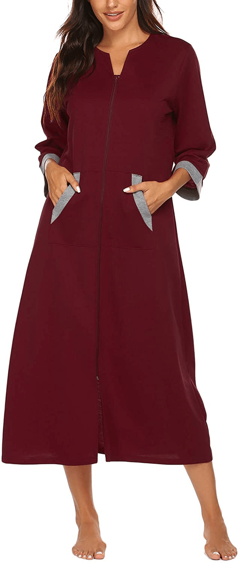 Ekouaer Women Zipper Robe 3/4 Sleeves Loungewear Full Length Sleepwear Pockets Housecoat Long Soft Bathrobe Apparel & Accessories > Clothing > Sleepwear & Loungewear > Robes Ekouaer Style 1-wine Red Large 