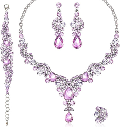 Elegant Crystal Necklace Earrings Bracelet Ring Bridal Wedding Party Costume Jewelry Sets for Brides Women 4 Pcs/Set-Violet