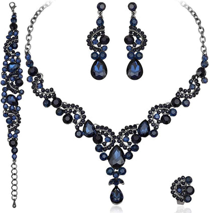 Elegant Crystal Necklace Earrings Bracelet Ring Bridal Wedding Party Costume Jewelry Sets for Brides Women 4 Pcs/Set-navy blue
