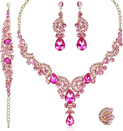 Elegant Crystal Necklace Earrings Bracelet Ring Bridal Wedding Party Costume Jewelry Sets for Brides Women 4 Pcs/Set-Gold Plated-Hot Pink