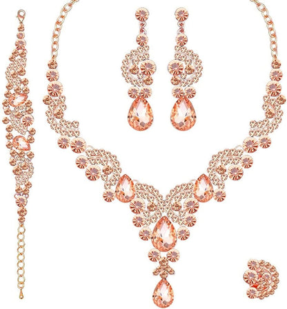 Elegant Crystal Necklace Earrings Bracelet Ring Bridal Wedding Party Costume Jewelry Sets for Brides Women 4 Pcs/Set-Rose Gold Plated-Peach Color