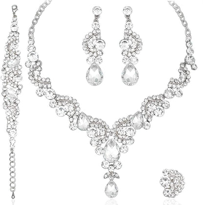 Elegant Crystal Necklace Earrings Bracelet Ring Bridal Wedding Party Costume Jewelry Sets for Brides Women 4 Pcs/Set-white gold plated-white