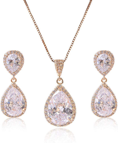Elegant Jewelry Set for Women - Silver Teardrop Clear Cubic Zirconia Crystal Rhinestone Drop Earrings and Necklace Bridal Jewelry Sets Best Gift for Bridesmaids Guardian Angel (14k Yellow Gold Plated)