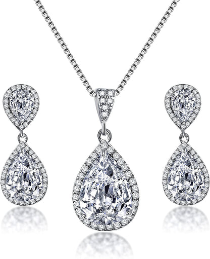 Elegant Jewelry Set for Women - Silver Teardrop Clear Cubic Zirconia Crystal Rhinestone Drop Earrings and Necklace Bridal Jewelry Sets Best Gift for Bridesmaids Guardian Angel