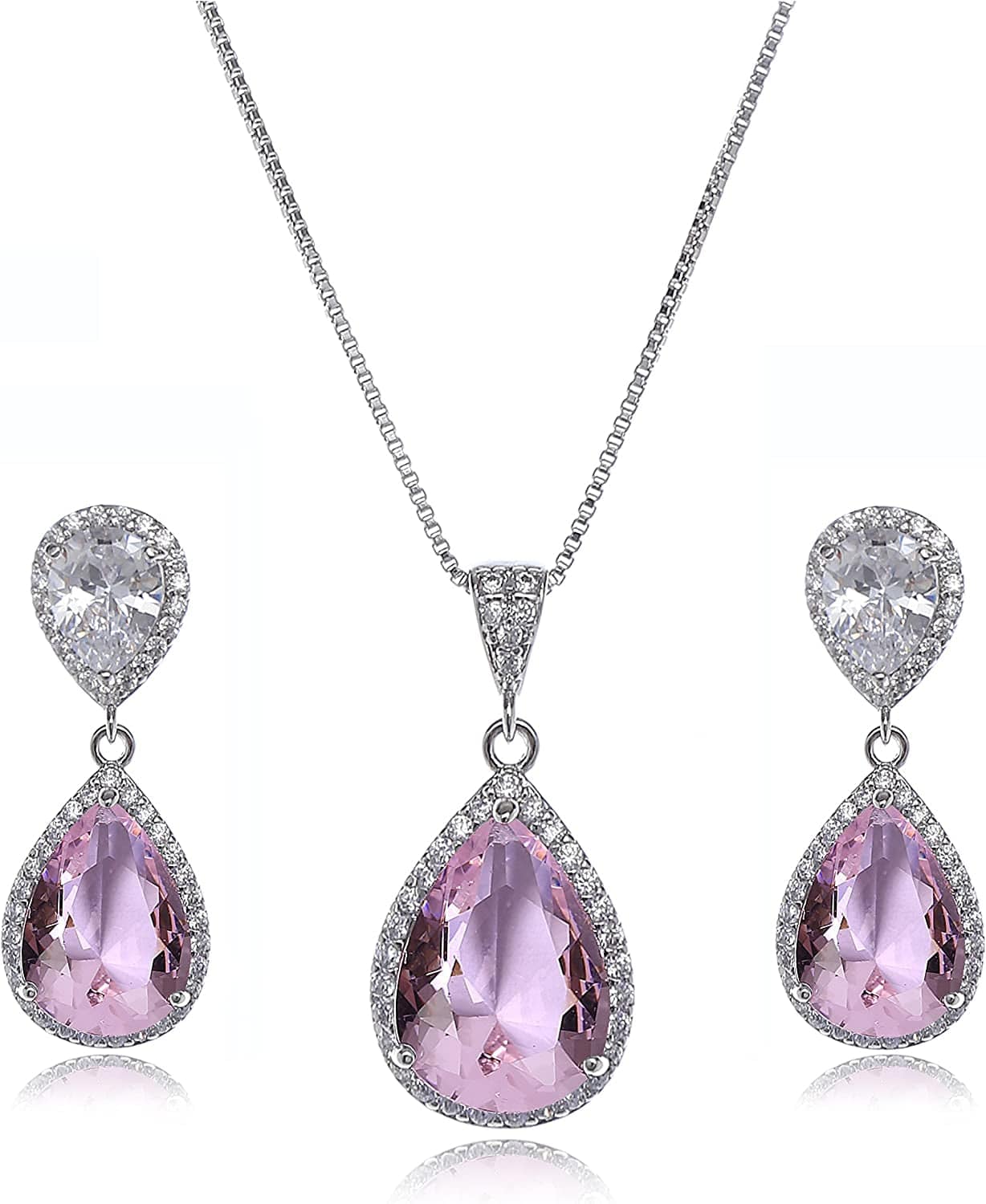 Elegant Jewelry Set for Women - Silver Teardrop Clear Cubic Zirconia Crystal Rhinestone Drop Earrings and Necklace Bridal Jewelry Sets Best Gift for Bridesmaids Guardian Angel (Pink)