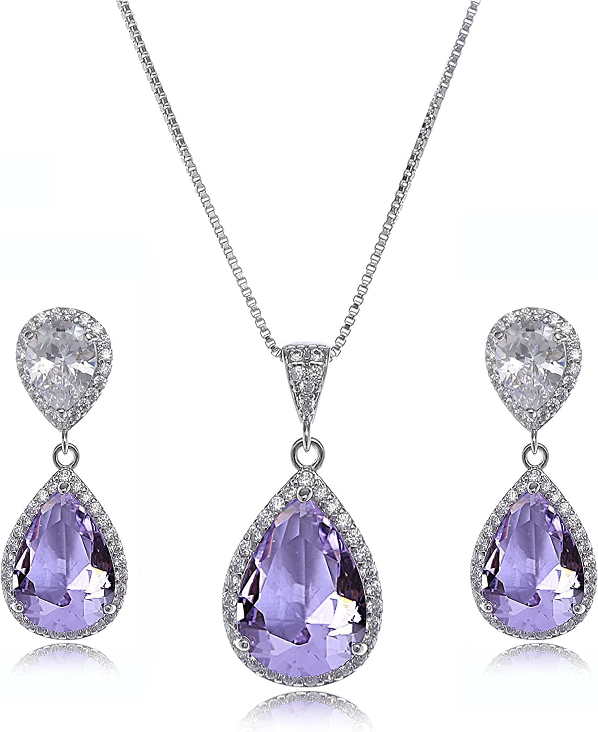 Elegant Jewelry Set for Women - Silver Teardrop Clear Cubic Zirconia Crystal Rhinestone Drop Earrings and Necklace Bridal Jewelry Sets Best Gift for Bridesmaids Guardian Angel (Amethyst)