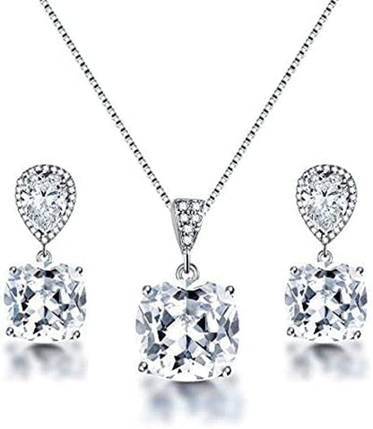 Elegant Jewelry Set for Women - Silver Teardrop Clear Cubic Zirconia Crystal Rhinestone Drop Earrings and Necklace Bridal Jewelry Sets Best Gift for Bridesmaids Shining Beauty