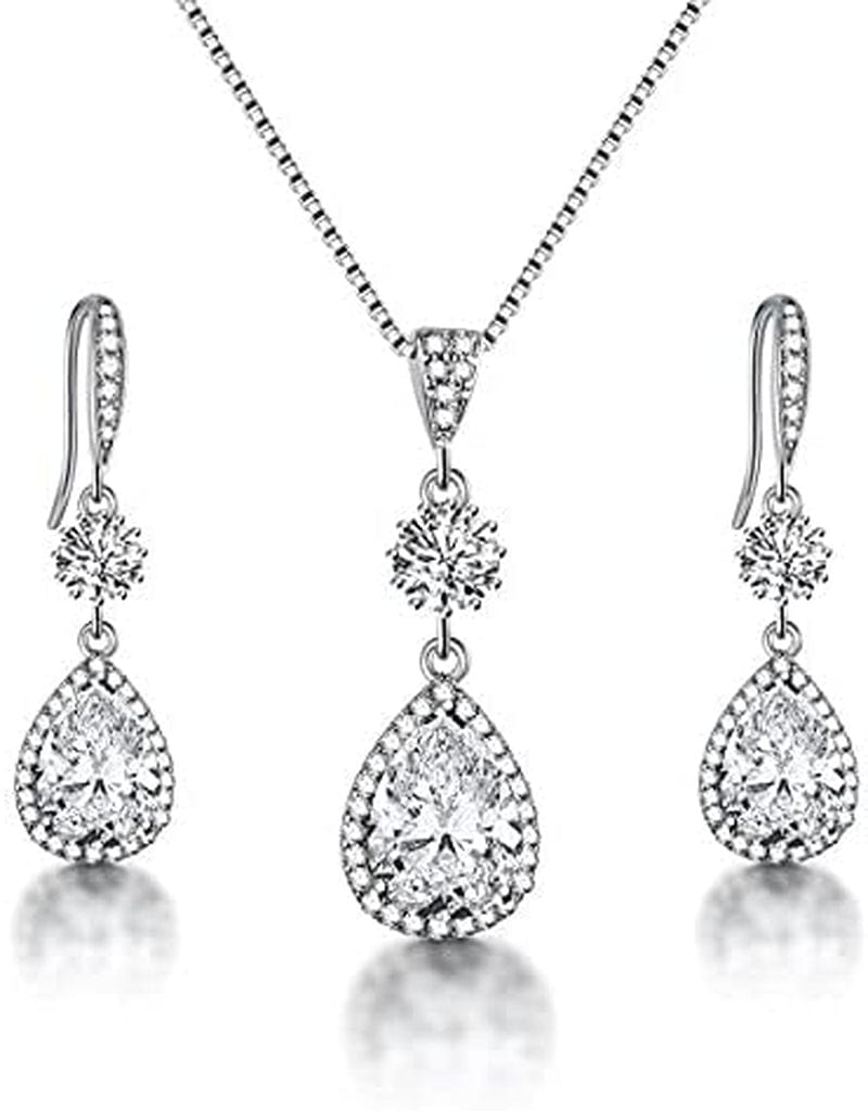 Elegant Jewelry Set for Women - Silver Teardrop Clear Cubic Zirconia Crystal Rhinestone Drop Earrings and Necklace Bridal Jewelry Sets Best Gift for Bridesmaids Angle Tears