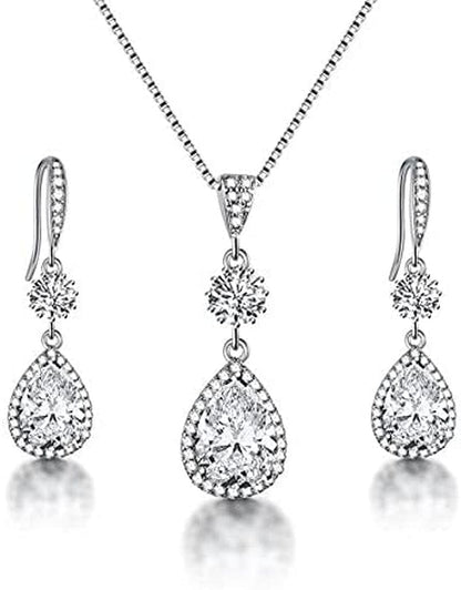 Elegant Jewelry Set for Women - Silver Teardrop Clear Cubic Zirconia Crystal Rhinestone Drop Earrings and Necklace Bridal Jewelry Sets Best Gift for Bridesmaids Angle Tears