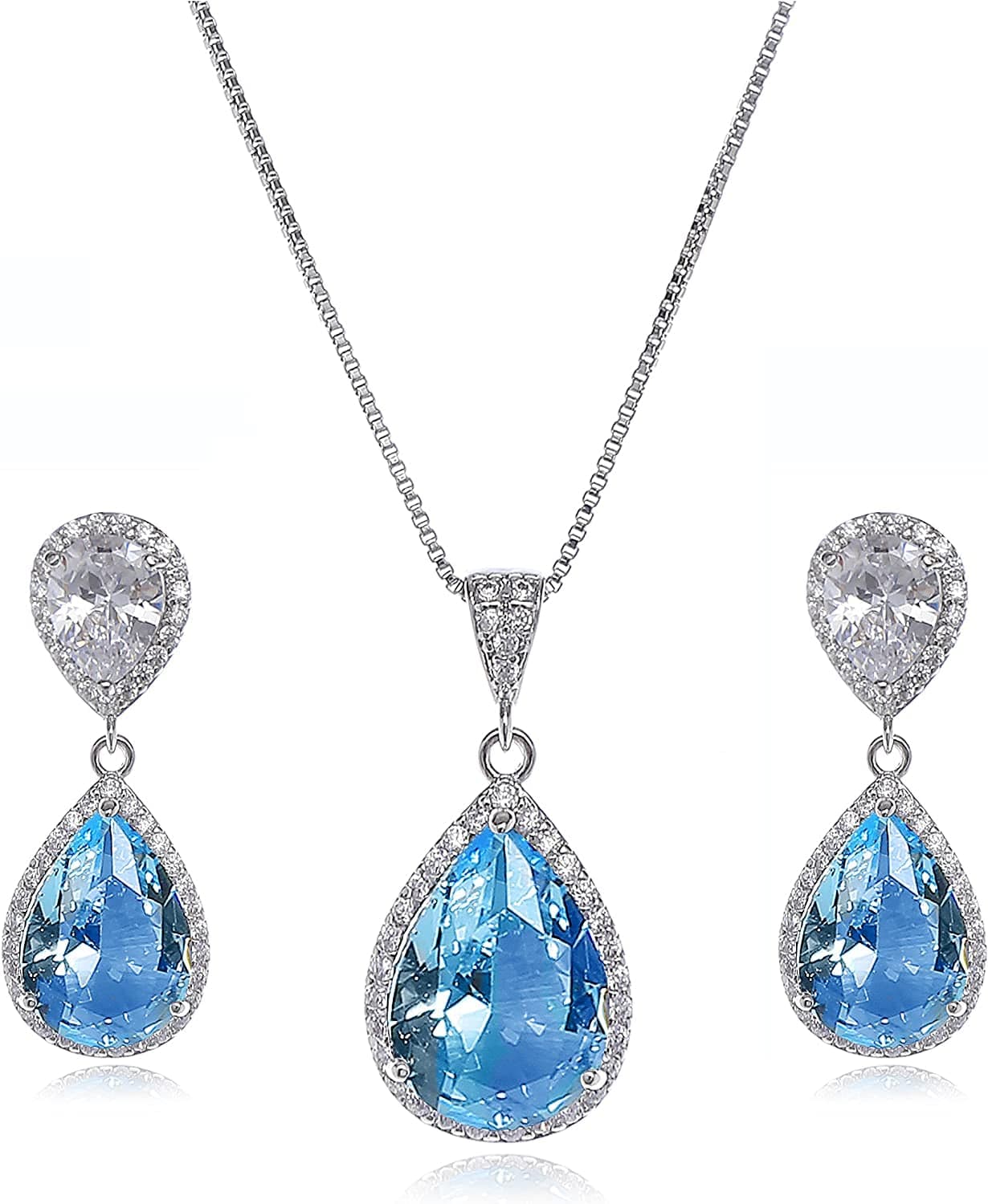 Elegant Jewelry Set for Women - Silver Teardrop Clear Cubic Zirconia Crystal Rhinestone Drop Earrings and Necklace Bridal Jewelry Sets Best Gift for Bridesmaids Guardian Angel (Aquamarine)