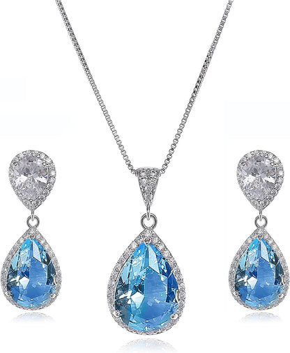 Elegant Jewelry Set for Women - Silver Teardrop Clear Cubic Zirconia Crystal Rhinestone Drop Earrings and Necklace Bridal Jewelry Sets Best Gift for Bridesmaids Guardian Angel (Aquamarine)