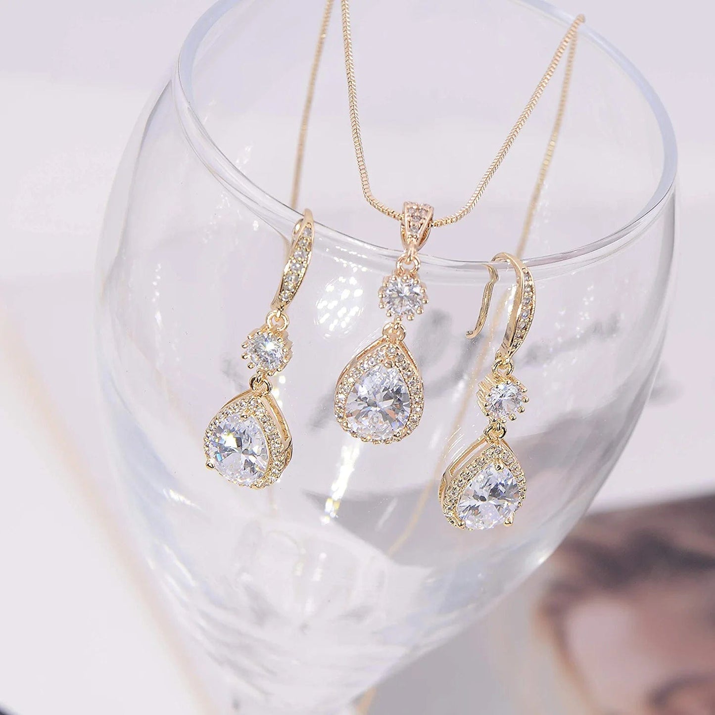 Elegant Jewelry Set for Women - Silver Teardrop Clear Cubic Zirconia Crystal Rhinestone Drop Earrings and Necklace Bridal Jewelry Sets Best Gift for Bridesmaids