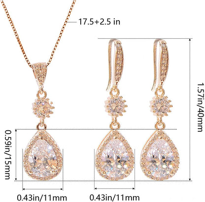 Elegant Jewelry Set for Women - Silver Teardrop Clear Cubic Zirconia Crystal Rhinestone Drop Earrings and Necklace Bridal Jewelry Sets Best Gift for Bridesmaids