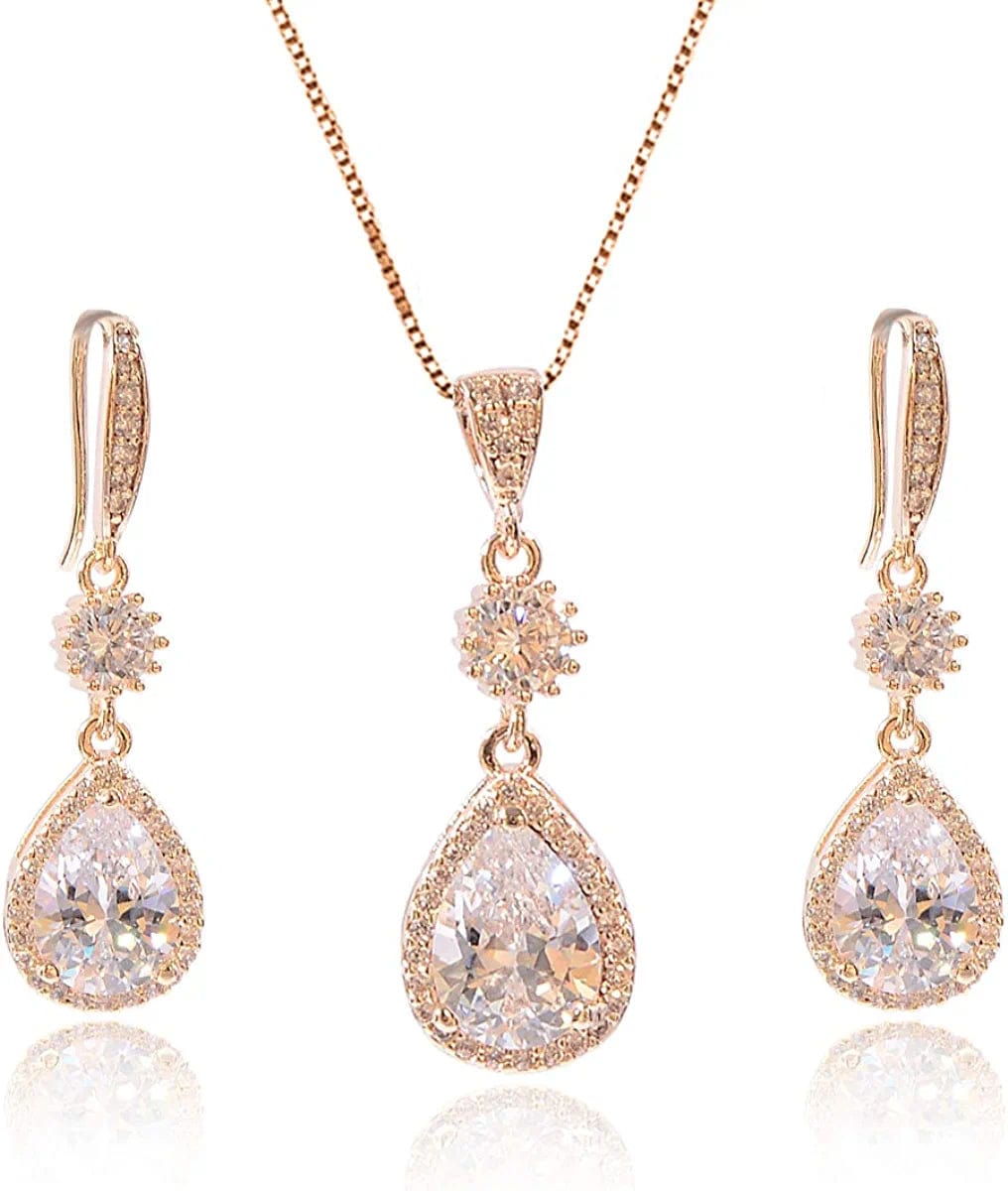 Elegant Jewelry Set for Women - Silver Teardrop Clear Cubic Zirconia Crystal Rhinestone Drop Earrings and Necklace Bridal Jewelry Sets Best Gift for Bridesmaids Angle Tears (14k Yellow Gold Plated)