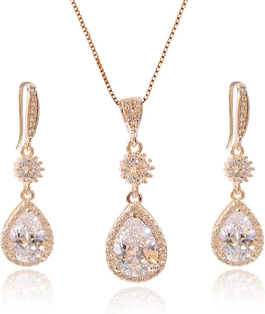 Elegant Jewelry Set for Women - Silver Teardrop Clear Cubic Zirconia Crystal Rhinestone Drop Earrings and Necklace Bridal Jewelry Sets Best Gift for Bridesmaids Angle Tears (14k Yellow Gold Plated)