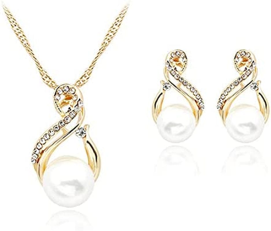 Elegant Women Wedding Pearl Pendant Earrings Necklace Sets Simple Real 18K Gold Plated for Wife, Sister, Friends & Girl Friend
