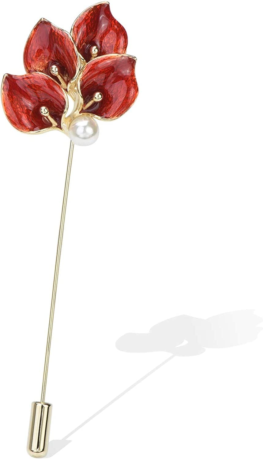 Elegent Calla Lily Flower Cluster Lapel Pins Brooch Crystal Enamel Floral Boutonniere Bouquets Corsage Stick Pin Suit Cardigan Scarf Tie Pins Wedding Bridal Jewelry Burgundy