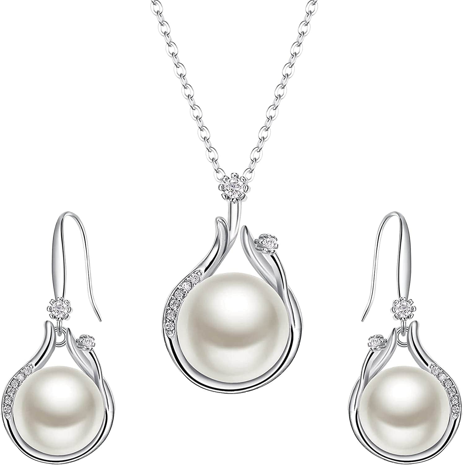 Elequeen 925 Sterling Silver CZ Freshwater Cultured Pearls Bridal Pendant Necklace Earrings Wedding Jewelry Sets Pearl Necklace Drop Earrings