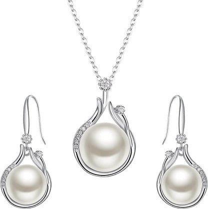 Elequeen 925 Sterling Silver CZ Freshwater Cultured Pearls Bridal Pendant Necklace Earrings Wedding Jewelry Sets Pearl Necklace Drop Earrings
