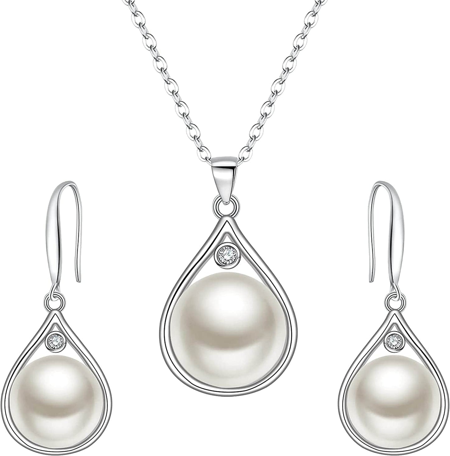 Elequeen 925 Sterling Silver CZ Freshwater Cultured Pearls Bridal Pendant Necklace Earrings Wedding Jewelry Sets Pearl Necklace Dangle Earrings