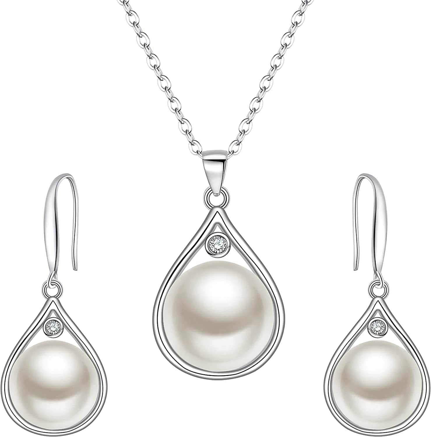 Elequeen 925 Sterling Silver CZ Freshwater Cultured Pearls Bridal Pendant Necklace Earrings Wedding Jewelry Sets Pearl Necklace Dangle Earrings