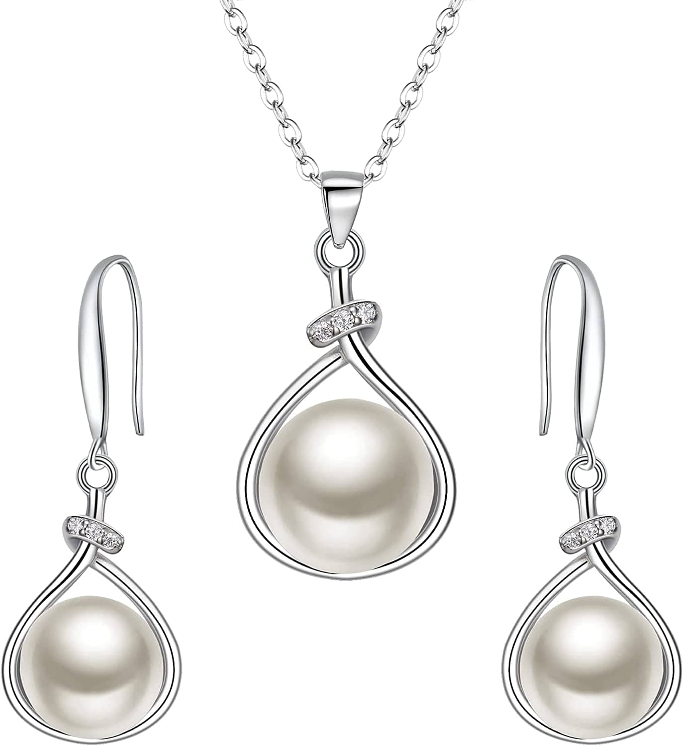 Elequeen 925 Sterling Silver CZ Freshwater Cultured Pearls Bridal Pendant Necklace Earrings Wedding Jewelry Sets Pearl Necklace Earrings Set