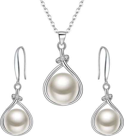 Elequeen 925 Sterling Silver CZ Freshwater Cultured Pearls Bridal Pendant Necklace Earrings Wedding Jewelry Sets Pearl Necklace Earrings Set