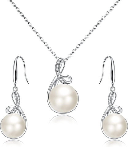 Elequeen 925 Sterling Silver CZ Freshwater Cultured Pearls Bridal Pendant Necklace Earrings Wedding Jewelry Sets Pearl Jewelry Sets