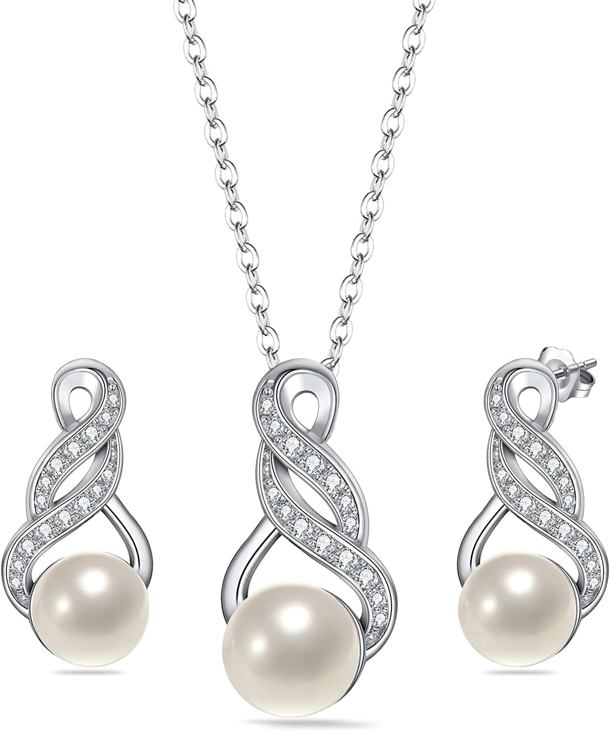 Elequeen 925 Sterling Silver CZ Freshwater Cultured Pearls Bridal Pendant Necklace Earrings Wedding Jewelry Sets Preserved Real Rose Box+Pearl Necklace Stud Earrings