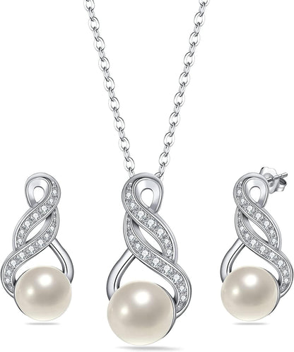Elequeen 925 Sterling Silver CZ Freshwater Cultured Pearls Bridal Pendant Necklace Earrings Wedding Jewelry Sets Preserved Real Rose Box+Pearl Necklace Stud Earrings