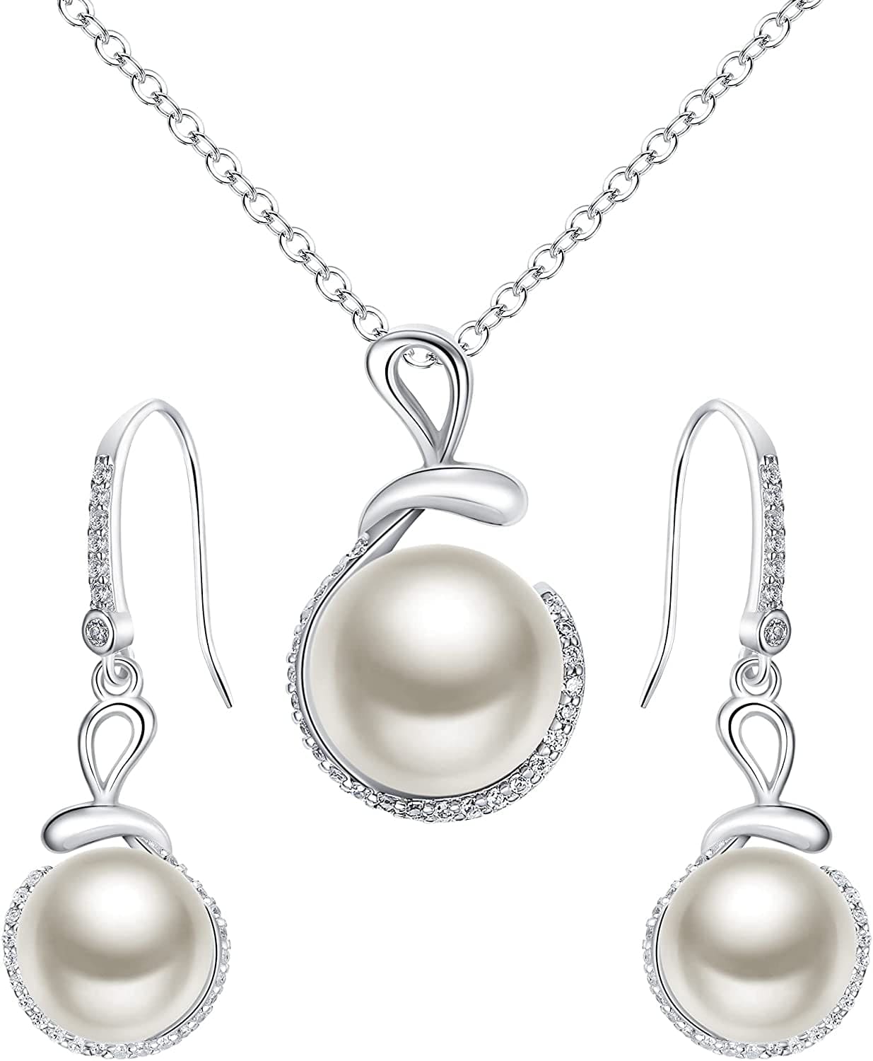 Elequeen 925 Sterling Silver CZ Freshwater Cultured Pearls Bridal Pendant Necklace Earrings Wedding Jewelry Sets Pearl Jewelry Set