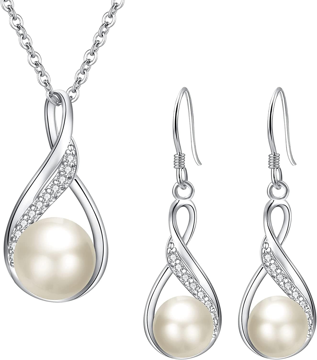 Elequeen 925 Sterling Silver CZ Freshwater Cultured Pearls Bridal Pendant Necklace Earrings Wedding Jewelry Sets 02-Preserved Real Rose Box+Ivory Pearl Jewelry Set