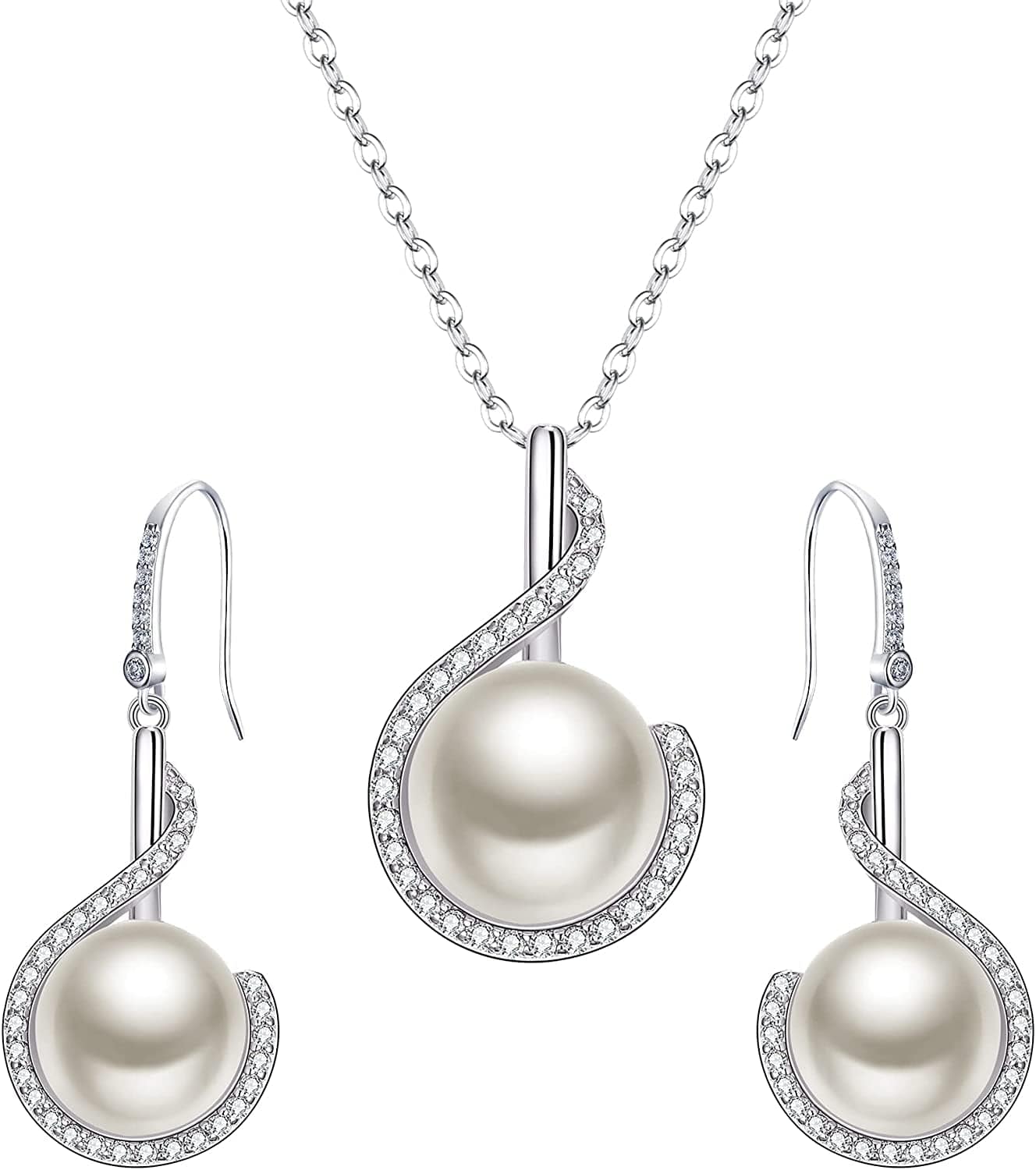 Elequeen 925 Sterling Silver CZ Freshwater Cultured Pearls Bridal Pendant Necklace Earrings Wedding Jewelry Sets Bridal Pearl Necklace Earrings