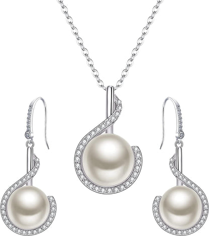 Elequeen 925 Sterling Silver CZ Freshwater Cultured Pearls Bridal Pendant Necklace Earrings Wedding Jewelry Sets Bridal Pearl Necklace Earrings