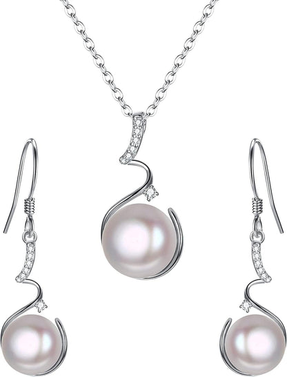 Elequeen 925 Sterling Silver CZ Freshwater Cultured Pearls Bridal Pendant Necklace Earrings Wedding Jewelry Sets Pearl Necklace Sets