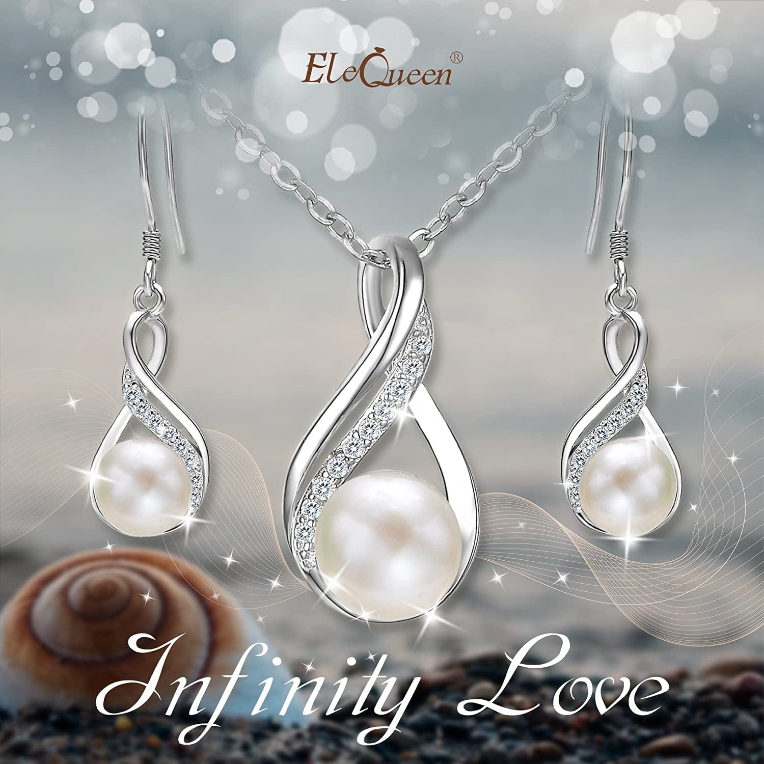 Elequeen 925 Sterling Silver CZ Freshwater Cultured Pearls Bridal Pendant Necklace Earrings Wedding Jewelry Sets
