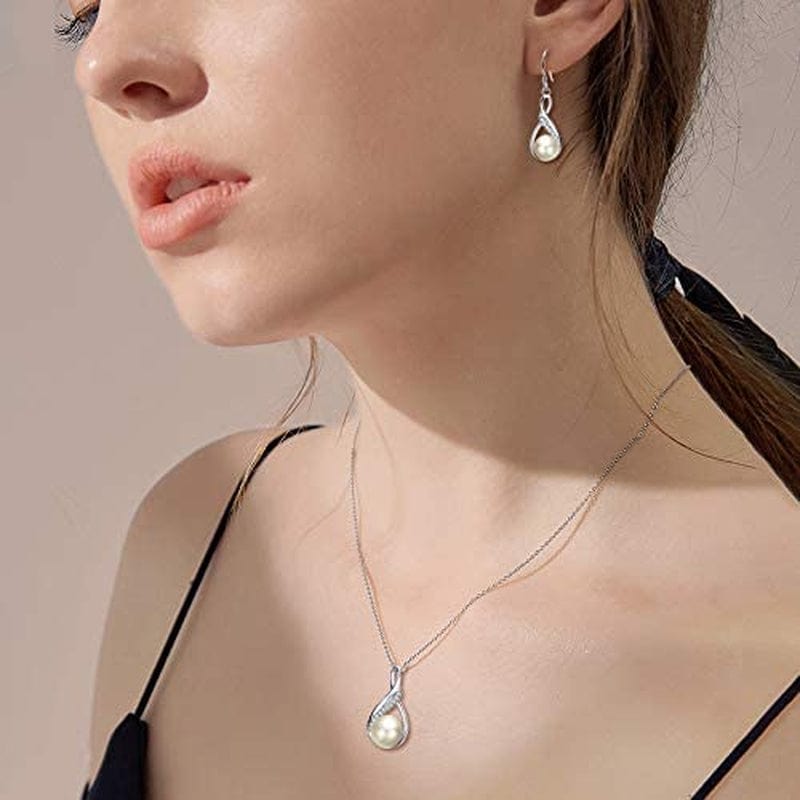 Elequeen 925 Sterling Silver CZ Freshwater Cultured Pearls Bridal Pendant Necklace Earrings Wedding Jewelry Sets