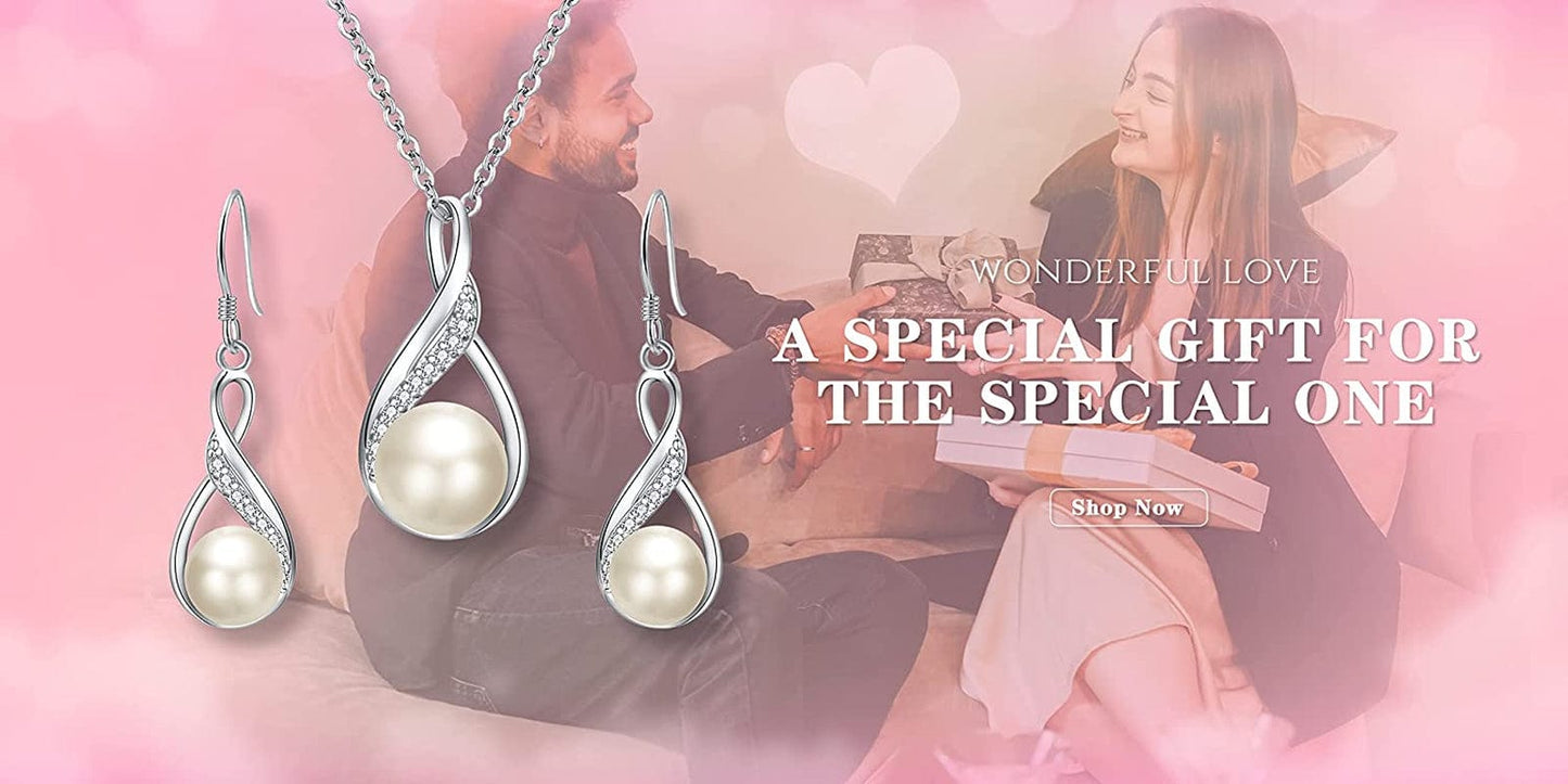 Elequeen 925 Sterling Silver CZ Freshwater Cultured Pearls Bridal Pendant Necklace Earrings Wedding Jewelry Sets