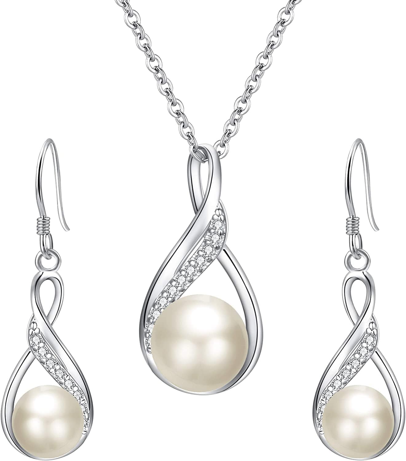 Elequeen 925 Sterling Silver CZ Freshwater Cultured Pearls Bridal Pendant Necklace Earrings Wedding Jewelry Sets 01-Ivory
