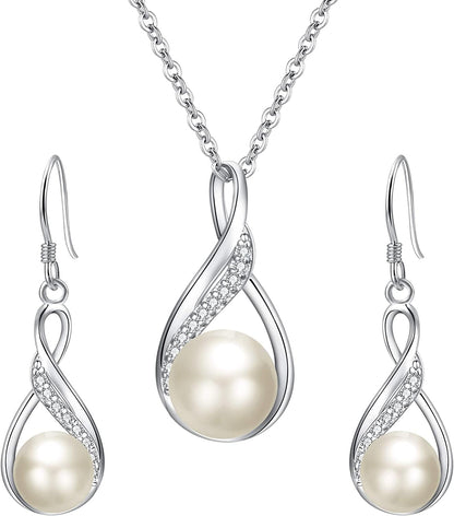 Elequeen 925 Sterling Silver CZ Freshwater Cultured Pearls Bridal Pendant Necklace Earrings Wedding Jewelry Sets 01-Ivory