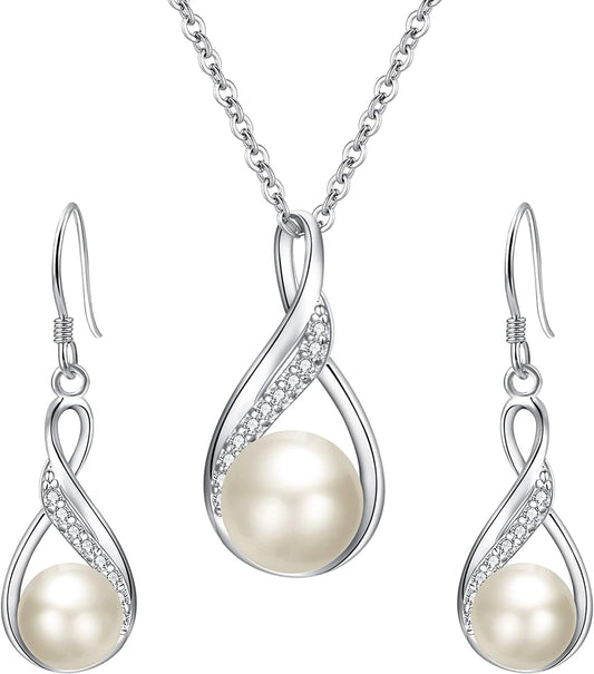 Elequeen 925 Sterling Silver CZ Freshwater Cultured Pearls Bridal Pendant Necklace Earrings Wedding Jewelry Sets 01-Ivory