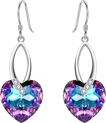 Elequeen 925 Sterling Silver CZ Love Heart French Hook Dangle Earrings Made with Swarovski Crystals Vitrail Light