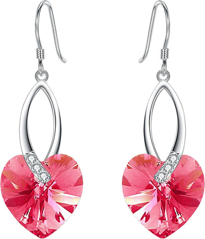 Elequeen 925 Sterling Silver CZ Love Heart French Hook Dangle Earrings Made with Swarovski Crystals ink Tourmaline