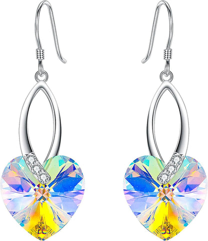 Elequeen 925 Sterling Silver CZ Love Heart French Hook Dangle Earrings Made with Swarovski Crystals Iridescent Aurora Borealis AB