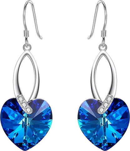 Elequeen 925 Sterling Silver CZ Love Heart French Hook Dangle Earrings Made with Swarovski Crystals Bermuda Blue