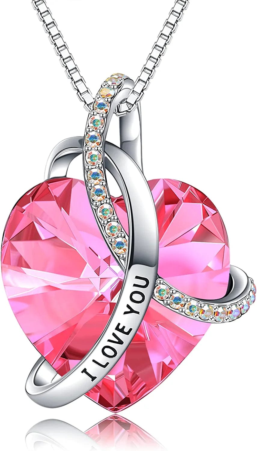 Eleshow I Love You Heart Pendant Birthstone Crystal Necklaces Jewelry Gifts for Women Pink