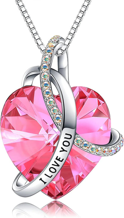 Eleshow I Love You Heart Pendant Birthstone Crystal Necklaces Jewelry Gifts for Women Pink